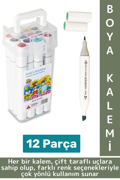 Yüksek Kaliteli Okul Hobi Sanat Çizim Canlı Renkli Çift Taraflı Marker Kutulu Boya Kalemi 12 Parça