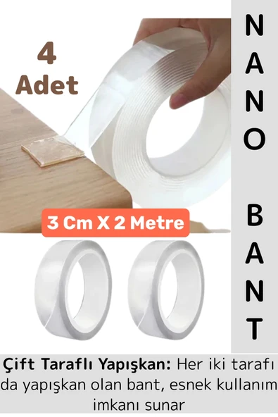 Ultra Güçlü Esnek Kesilebilir Kolay Kullanım Estetik Çift Taraflı Nano Şeffaf Bant 3 CmX2 Metre 4 Ad ürün görseli
