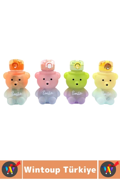 Dayanıklı Ev Ofis Çocuk Okul Outdoor Sızdırmaz Kapaklı Sevimli Ayıcıklı Pipetli Su Matarası 500 ML - Resim 2