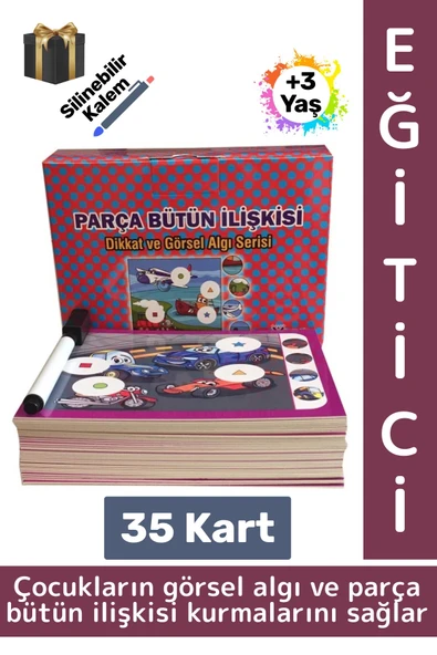 Eğitici Çocuk Görsel Algı Beceri Geliştirici Silinebilir Kalem 35 Kart Parça Bütün İlişkisi 3-6 Yaş ürün görseli