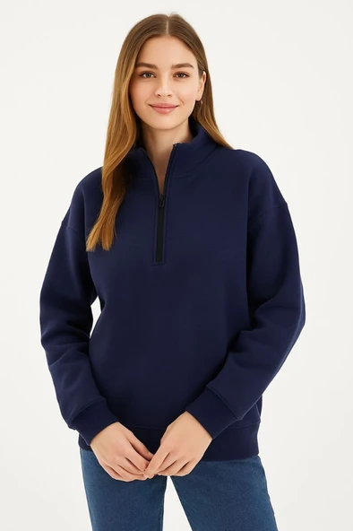 Üç İplik Dık Yaka Yarım Fermuarlı SweatShirt - Lacivert - 4