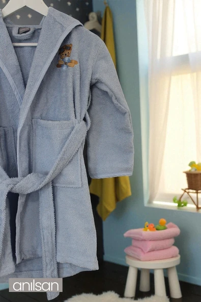 %100 Pamuklu Mavi Çocuk Bornozu - 2-4 Yaş - Yumuşak, Nefes Alabilir - 2