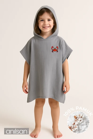 %100 Pamuk Müslin Kapşonlu Plaj Çocuk Bebek Panço Yengeç