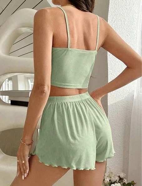 Kadın Yeşil Dantel Detaylı Şortlu Gecelik Pijama Takımı 5024 - 3