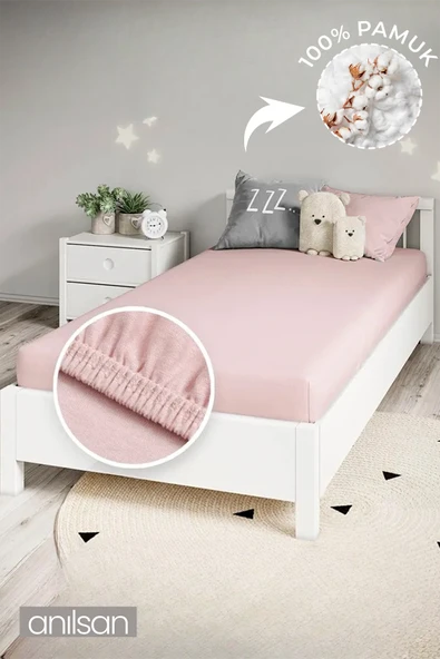 %100 Pamuk Düz Pudra 70x140 Bebek Lastikli Yatak Çarşaf + Yastık Kılıfı