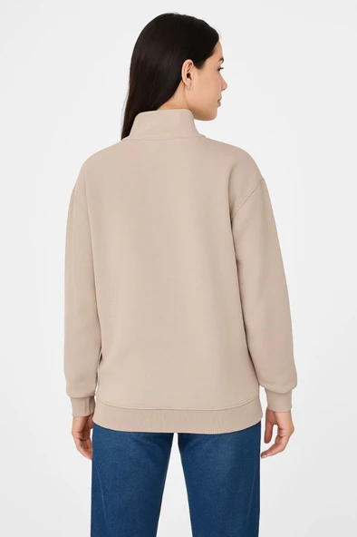 Üç İplik Dık Yaka Yarım Fermuarlı SweatShirt - Bej - 2