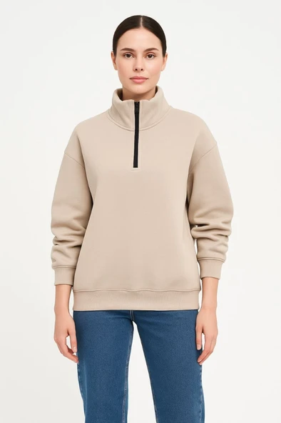 Üç İplik Dık Yaka Yarım Fermuarlı SweatShirt - Bej - 4