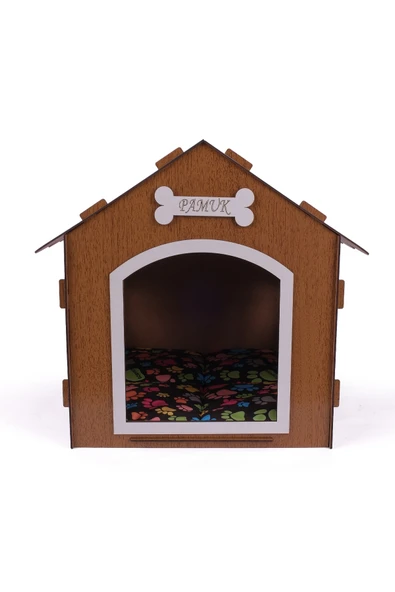 Ahşap Özel İsim Baskılı Dekoratif Köpek Evi-Kulübesi, Küçük Irk Köpekler İçin Kulübe, Köpek Kulübesi Kahverengi - 4