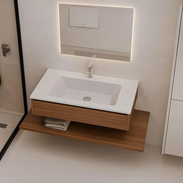 Real Stone ZENITH 80 Etajerli Beyaz Granit Banyo Lavabosu 80x45 - 3