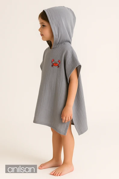%100 Pamuk Müslin Kapşonlu Plaj Çocuk Bebek Panço Yengeç - 2