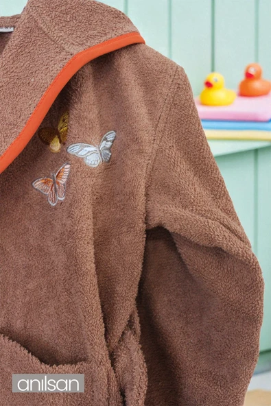 %100 Pamuklu Kahverengi Çocuk Bornozu - 2-4 Yaş - Yumuşak, Nefes Alabilir - 2