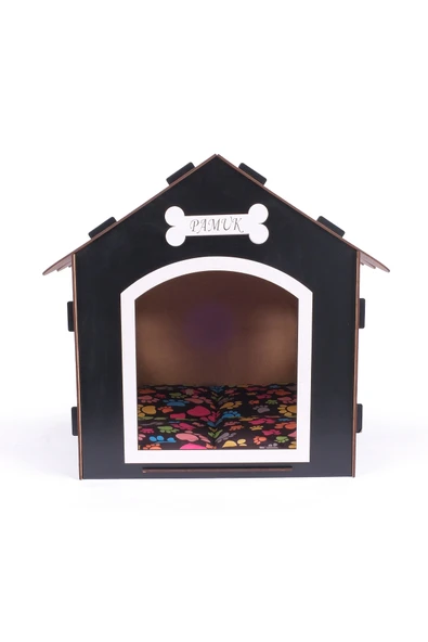 Ahşap Özel İsim Baskılı Dekoratif Köpek Evi-Kulübesi, Küçük Irk Köpekler İçin Kulübe, Köpek Kulübesi Siyah - 4