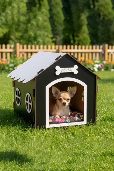 Ahşap Özel İsim Baskılı Dekoratif Köpek Evi-Kulübesi, Küçük Irk Köpekler İçin Kulübe, Köpek Kulübesi Siyah