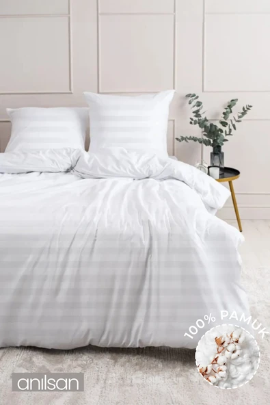 Çizgili Çift Kişilik Düğmeli Nevresim Yorgan Kılıfı %100 Pamuk, 83tel