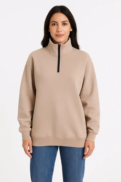Üç İplik Dık Yaka Yarım Fermuarlı SweatShirt - Bej - 3