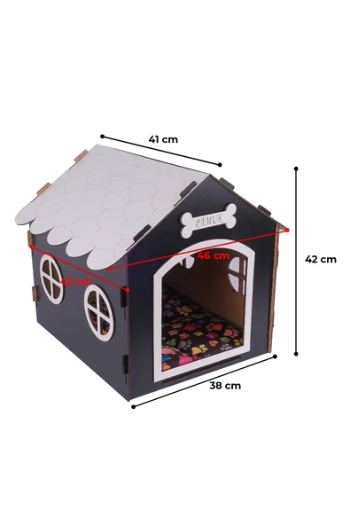 Ahşap Özel İsim Baskılı Dekoratif Köpek Evi-Kulübesi, Küçük Irk Köpekler İçin Kulübe, Köpek Kulübesi Siyah - 2