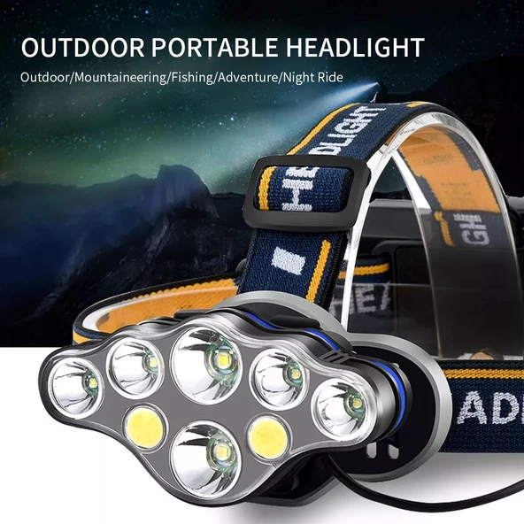 PeakStar PS-888 Güçlü USB Şarj Edilebilir Profesyonel 8 Mod 6000 Lümen 8 LED Su Geçirmez Kafa Feneri ürün görseli 1