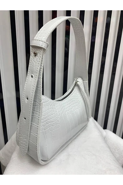 Beyaz Kadın Kroko Desenli Baget Çanta - Resim 2