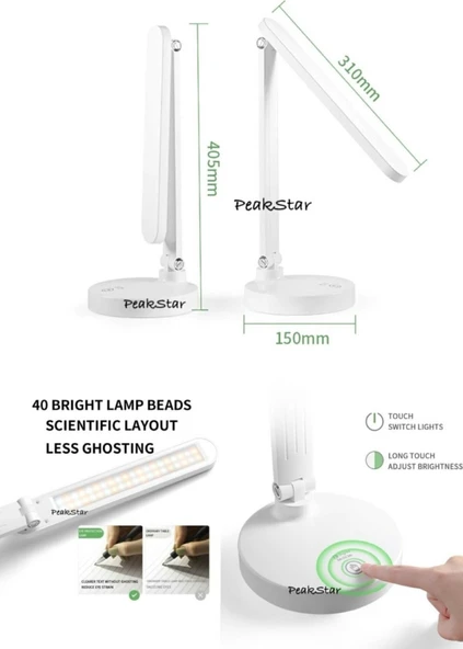 PeakStar PS-1912 Şarjlı Dokunmatik LED Masa Lambası Çalışma Okuma Işığı 3 Kademeli 40 Ledli USB Kablolu Masa Lambası - Resim 2