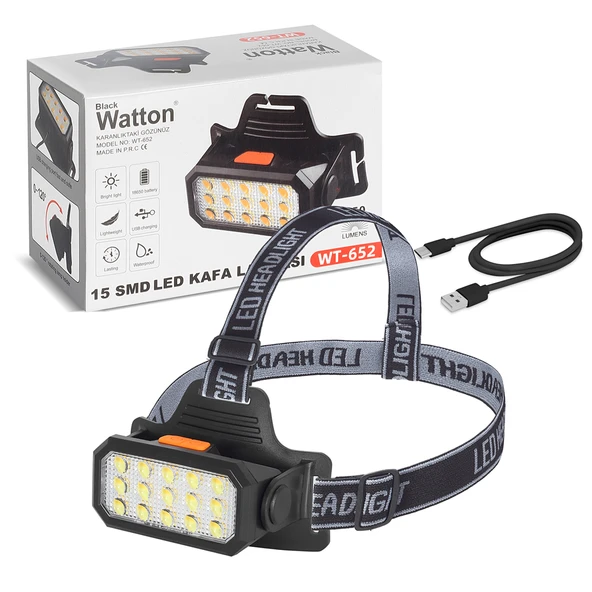 Watton WT-652 15 Ledli Sarı / Beyaz Led Şarjlı Kafa Feneri ürün görseli 1