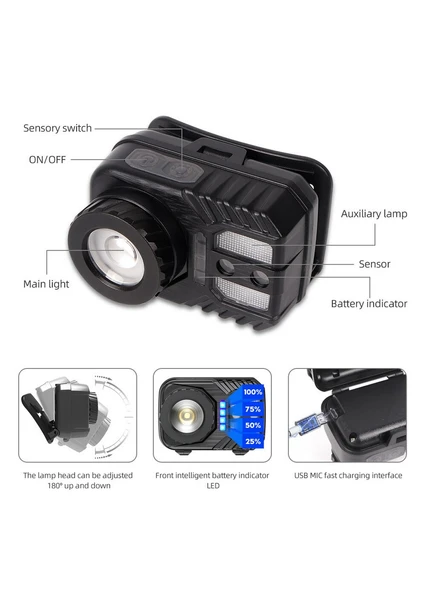 PeakStar PS-571 Sensörlü XPG COB LED USB Şarj Edilebilir Lityum Pilli Zoomlu Kafa Feneri - 7