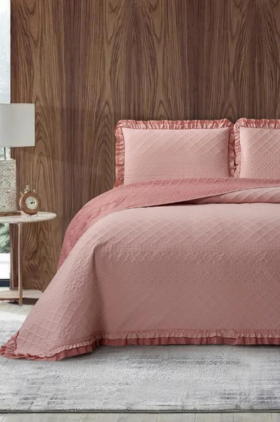 Roma Elyaf Dolgulu Çift Kişilik 240x260 Cm Yatak Örtüsü Pudra ürün görseli