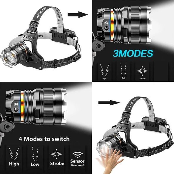 PeakStar PS-8002 XHP50 LED Sensörlü Zoomlu Profesyonel Şarjlı Kafa Feneri - Resim 4