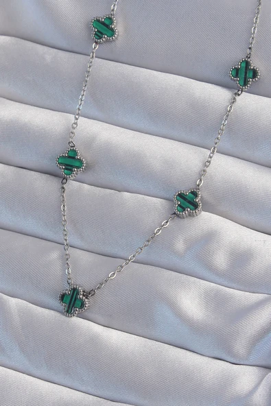 316L Çelik Gümüş Renk Minimal Yeşil Mineli Yonca Kolye - TJ-BKO8999 ürün görseli