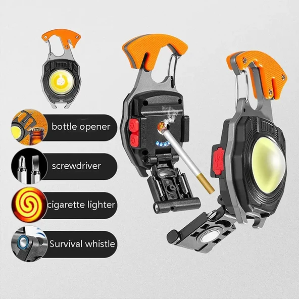 Fithome W5147 Fonksiyonlu Tornavida Düdük Şişe Açacağı Ateş Yakıcı Çakmak Mıknatıslı Type-C Şarjlı Anahtarlık Fener - Resim 2