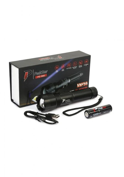 PeakStar PS-1600 Süper Parlak LED Zoomlu 5 Mod Su Geçirmez Profesyonel Şarjlı El Feneri - Resim 4
