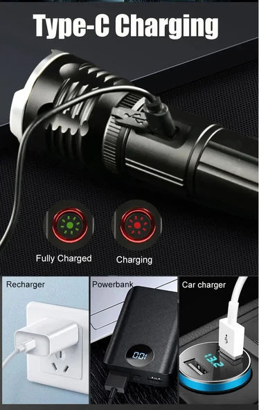 Gold Orion OR-2304-TG Zoomlu Alüminyum Alaşımlı Mıknatıslı Güçlü USB Şarjlı El Feneri - Resim 5