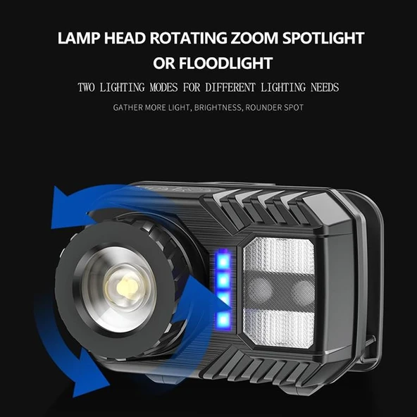 PeakStar PS-571 Sensörlü XPG COB LED USB Şarj Edilebilir Lityum Pilli Zoomlu Kafa Feneri - 4