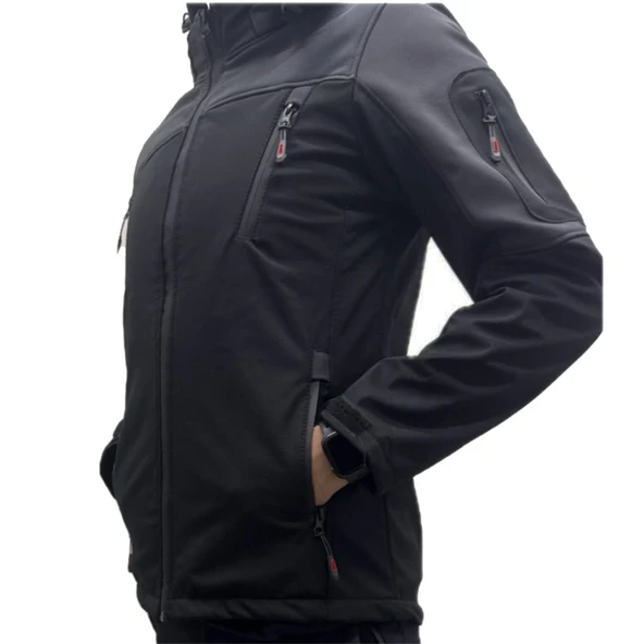Kışlık Softshell Su geçirmez Siyah-Gri Polarlı Mont - 1