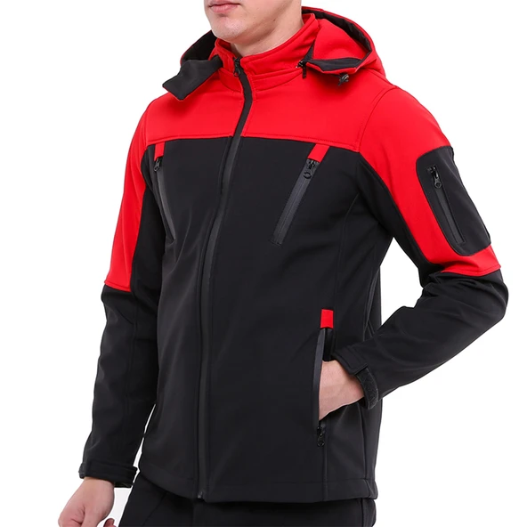 Kışlık Softshell Su Geçirmez Siyah-Kırmızı Polarlı Mont - 1