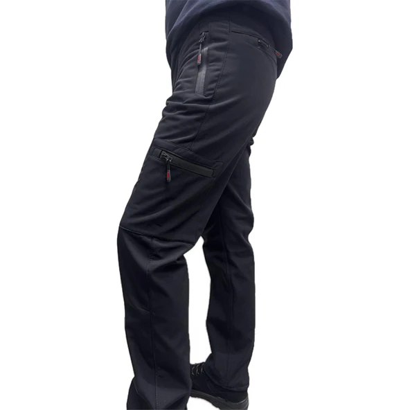 Kışlık Polarlı Softshell Su Geçirmez Cepli Siyah Pantolon - 1