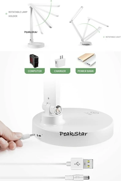 PeakStar PS-1912 Şarjlı Dokunmatik LED Masa Lambası Çalışma Okuma Işığı 3 Kademeli 40 Ledli USB Kablolu Masa Lambası - Resim 4