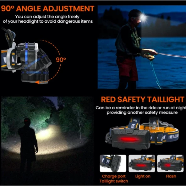 PeakStar PS-888 Güçlü USB Şarj Edilebilir Profesyonel 8 Mod 6000 Lümen 8 LED Su Geçirmez Kafa Feneri - Resim 4