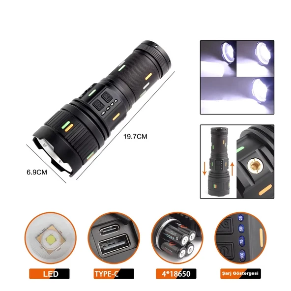 F.B.I Pro F-3001 Alüminyum TG LED Güç Göstergeli Type-C Şarjlı El Feneri - Resim 2