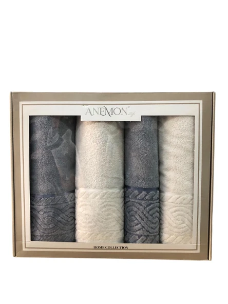 Anemon %100 Pamuklu Gri Krem 4 Parça Banyo Havlu Seti Çeyizlik Kutulu ürün görseli
