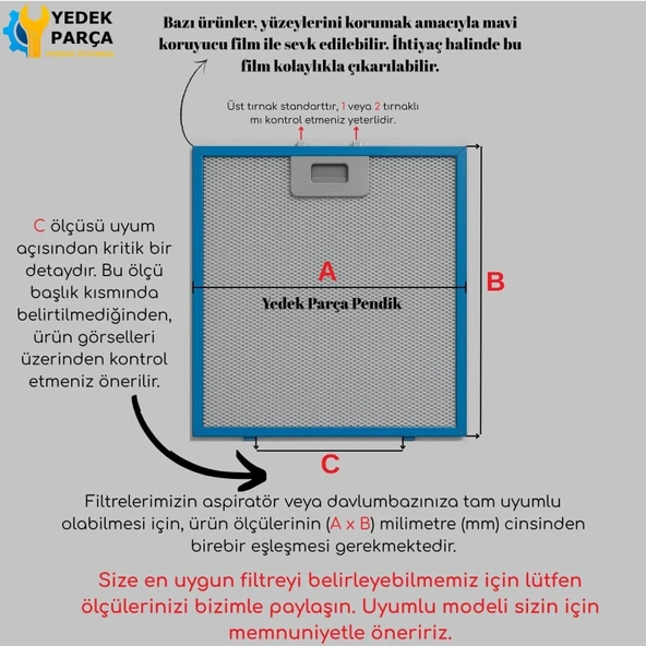 Arçelik Uyumlu Davlumbaz 13X48,5 CM Arka Ara 4,5 CM Aspiratör Yağ Filtre - Resim 2