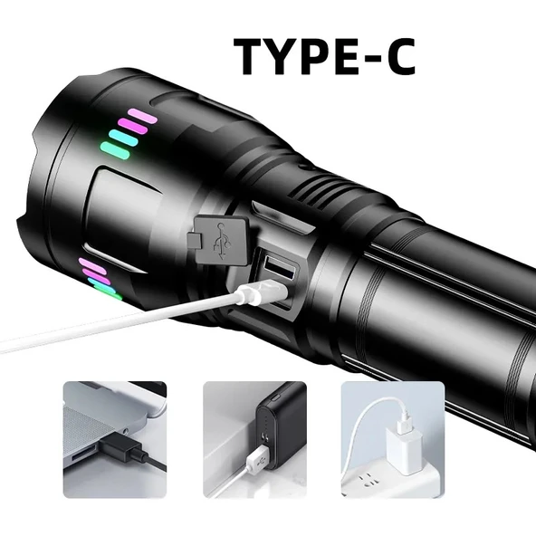 F.B.I Pro F-3002 Alüminyum TG LED Gece Şeritli Type-C Şarjlı El Feneri - Resim 3