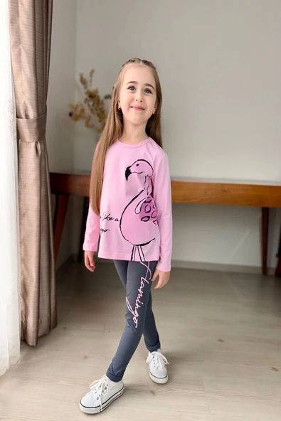 Flamingo Desenli Pembe Renk Kız Çocuk Mevsimlik Taytlı Takım - 1