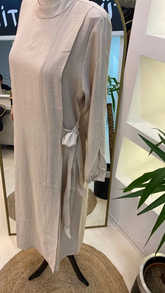 İNVEE MODAL ELBİSE KEMERLİ KREM 6958 - Resim 10