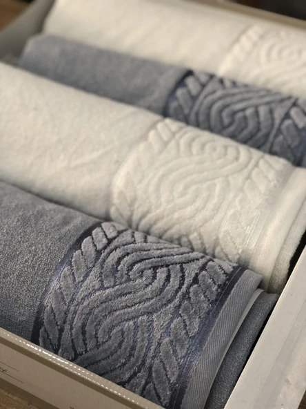 Anemon %100 Pamuklu Gri Krem 4 Parça Banyo Havlu Seti Çeyizlik Kutulu - Resim 5