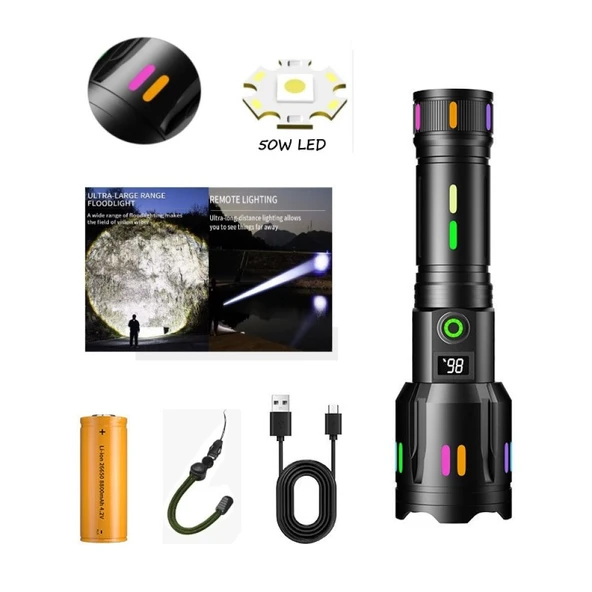 PeakStar PS-9885 Profesyonel Zoomlu 50W Şarjlı Powerbank Avcı Polis El Feneri ürün görseli 1