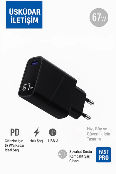 ÜSKÜDAR İLETİŞİM 67W  LED Ekranlı Hızlı Şarj Adaptörü PD USB A Seyahat Boyutu