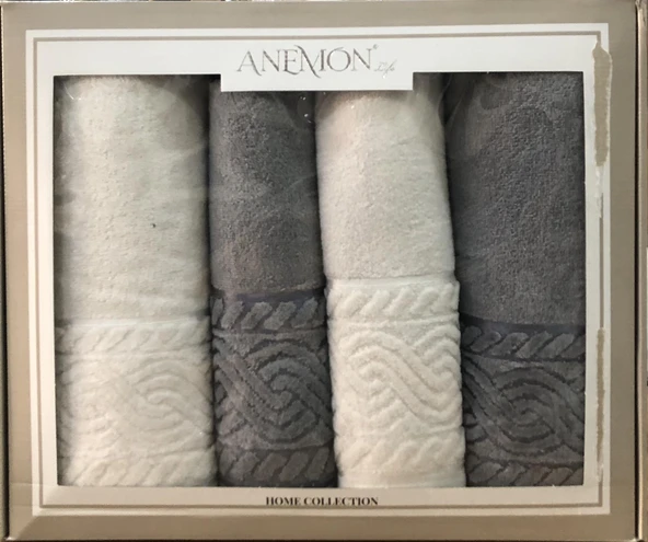 Anemon %100 Pamuklu Gri Krem 4 Parça Banyo Havlu Seti Çeyizlik Kutulu - Resim 2