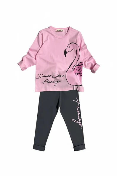 Flamingo Desenli Pembe Renk Kız Çocuk Mevsimlik Taytlı Takım - 3