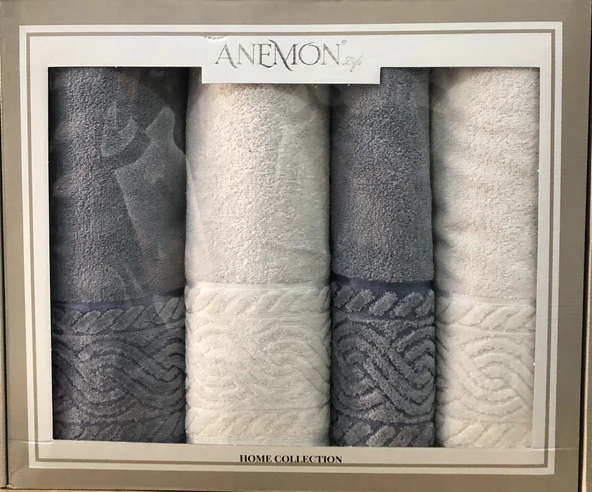 Anemon %100 Pamuklu Gri Krem 4 Parça Banyo Havlu Seti Çeyizlik Kutulu - Resim 3