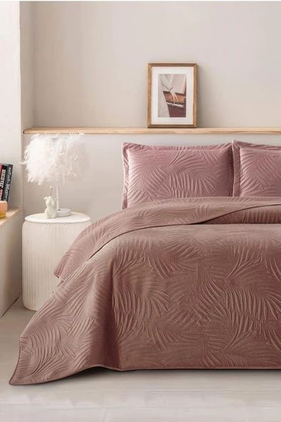 Münih Çift Kişilik Lüks Kadife 240x260 cm Yatak Örtüsü Gül Kurusu ürün görseli